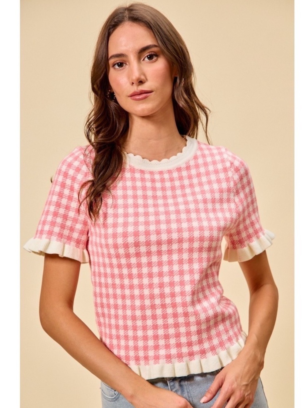 SO ME XL White Ivory Pink Gingham Knit Ruffle Trim Short Sleeve Sweater Top